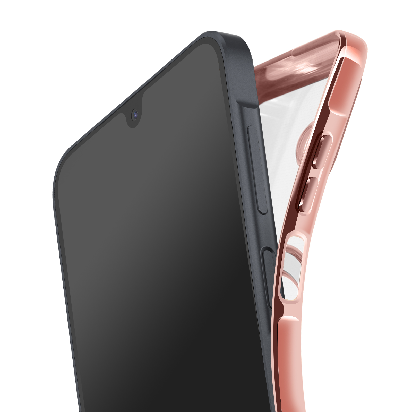 Een smartphone met een zwart scherm staat naast een roségouden telefoonhoesje. De achtergrond is wit.
