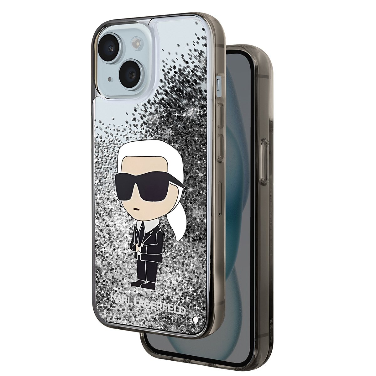 Una custodia per telefono con un design Karl Lagerfeld. Presenta un cartone di Karl in abito e occhiali da sole, con sfondo glitterato.