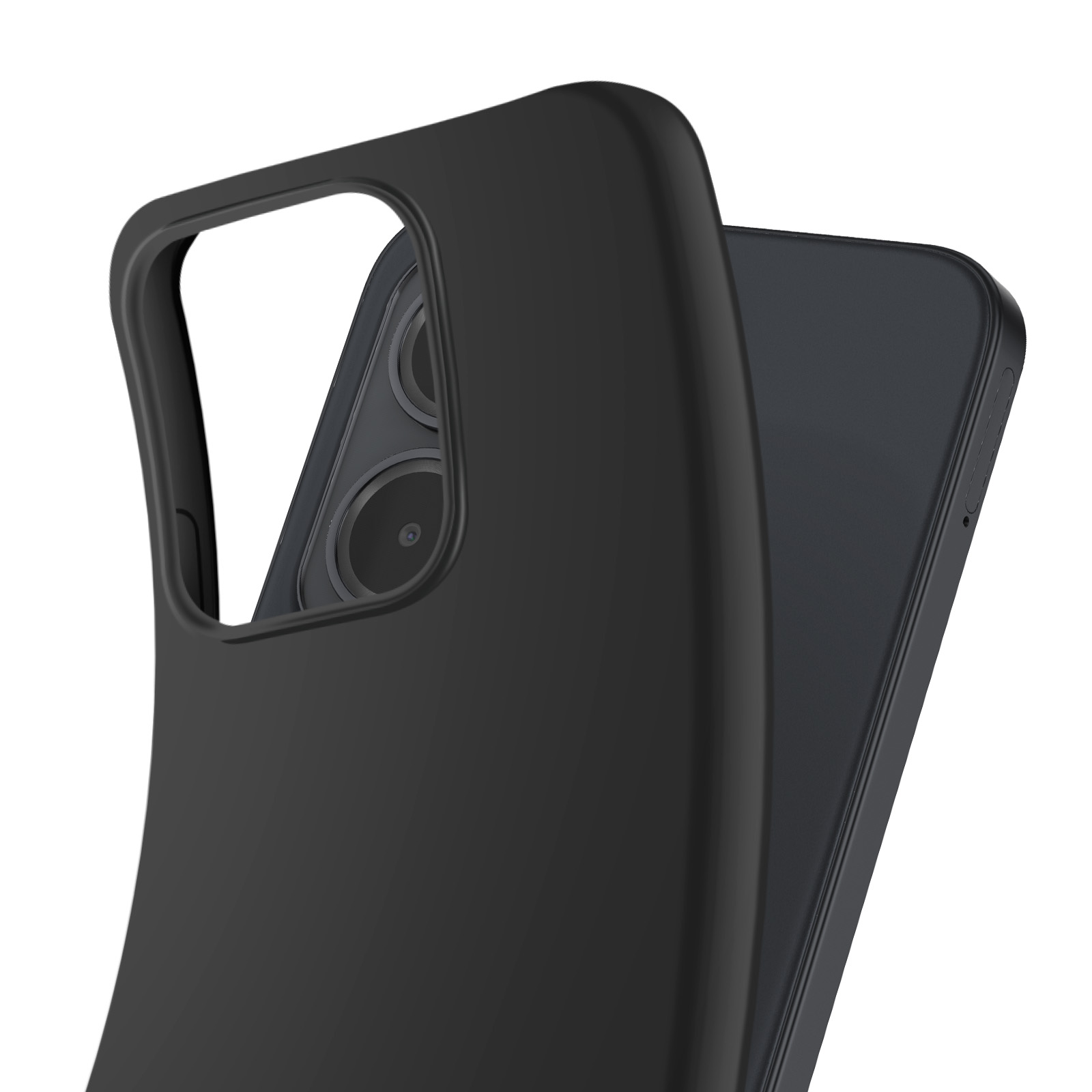 Un étui de téléphone noir sur un téléphone noir. Les lentilles de l'appareil photo sont visibles. L'étui est incurvé et a un trou pour l'appareil photo.