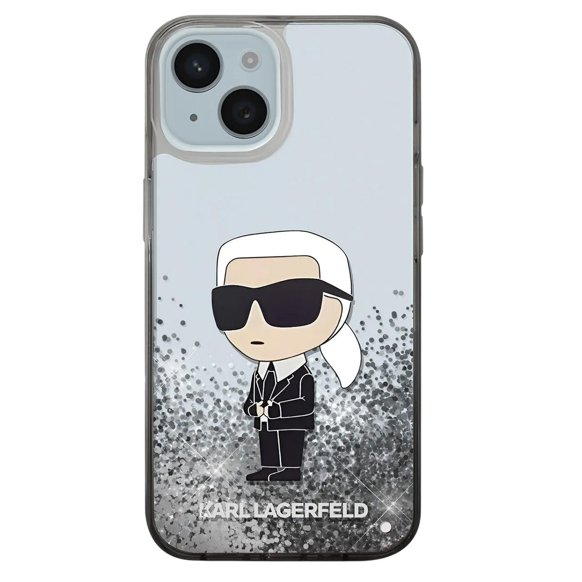 Una custodia per telefono con un design Karl Lagerfeld. Presenta un cartone animato di Karl in abito nero e occhiali da sole, con sfondo glitterato.