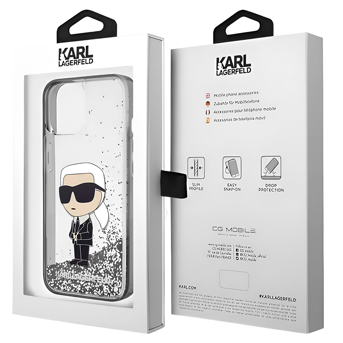 Una custodia per telefono Karl Lagerfeld in una scatola. La custodia presenta un cartone animato di Karl Lagerfeld. La scatola è bianca con testo nero.