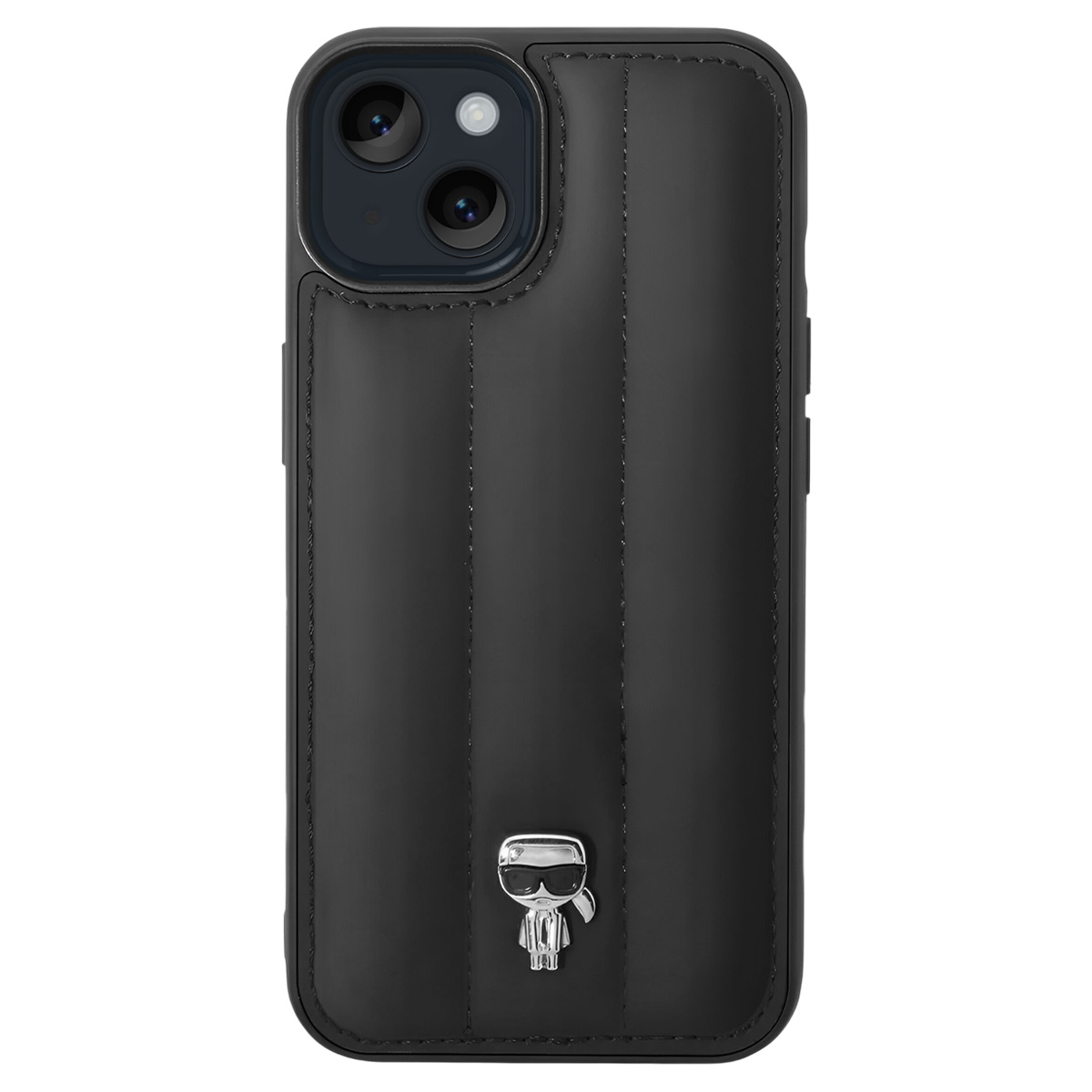 Custodia per telefono nera con design trapuntato e logo argentato. Presenta una fotocamera a doppia lente e una texture liscia.