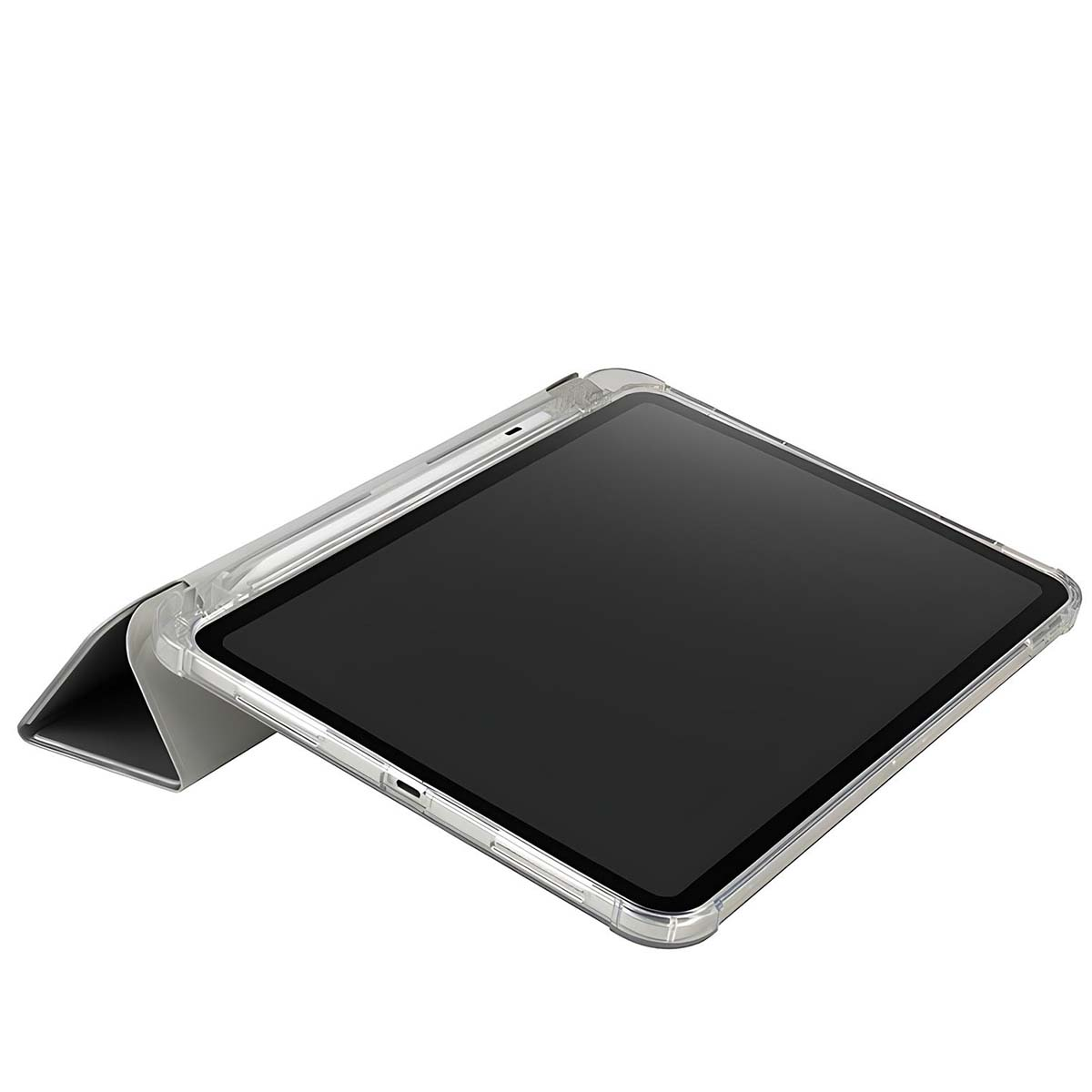 Un tablet con custodia protettiva trasparente è mostrato ad angolo, con lo schermo rivolto verso l'alto. La cover è ripiegata.
