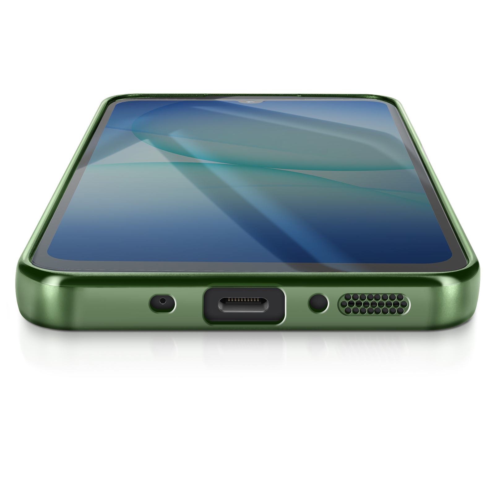 Een groene smartphone, licht gekanteld, op een wit oppervlak. Het scherm toont een blauw en wit patroon. De onderkant heeft poorten.
