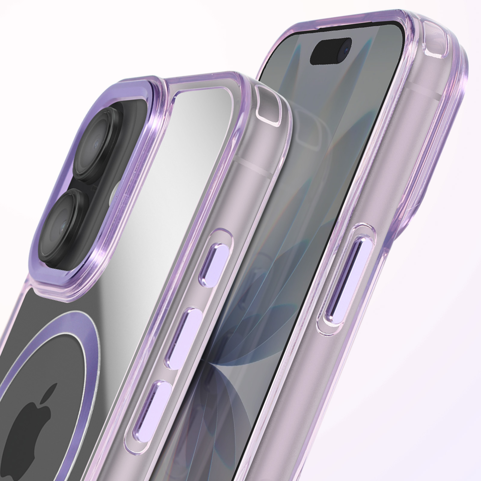 Gros plan de deux iPhones dans des étuis violets transparents. L'un montre les objectifs de l'appareil photo, l'autre l'écran. Logo Apple visible.