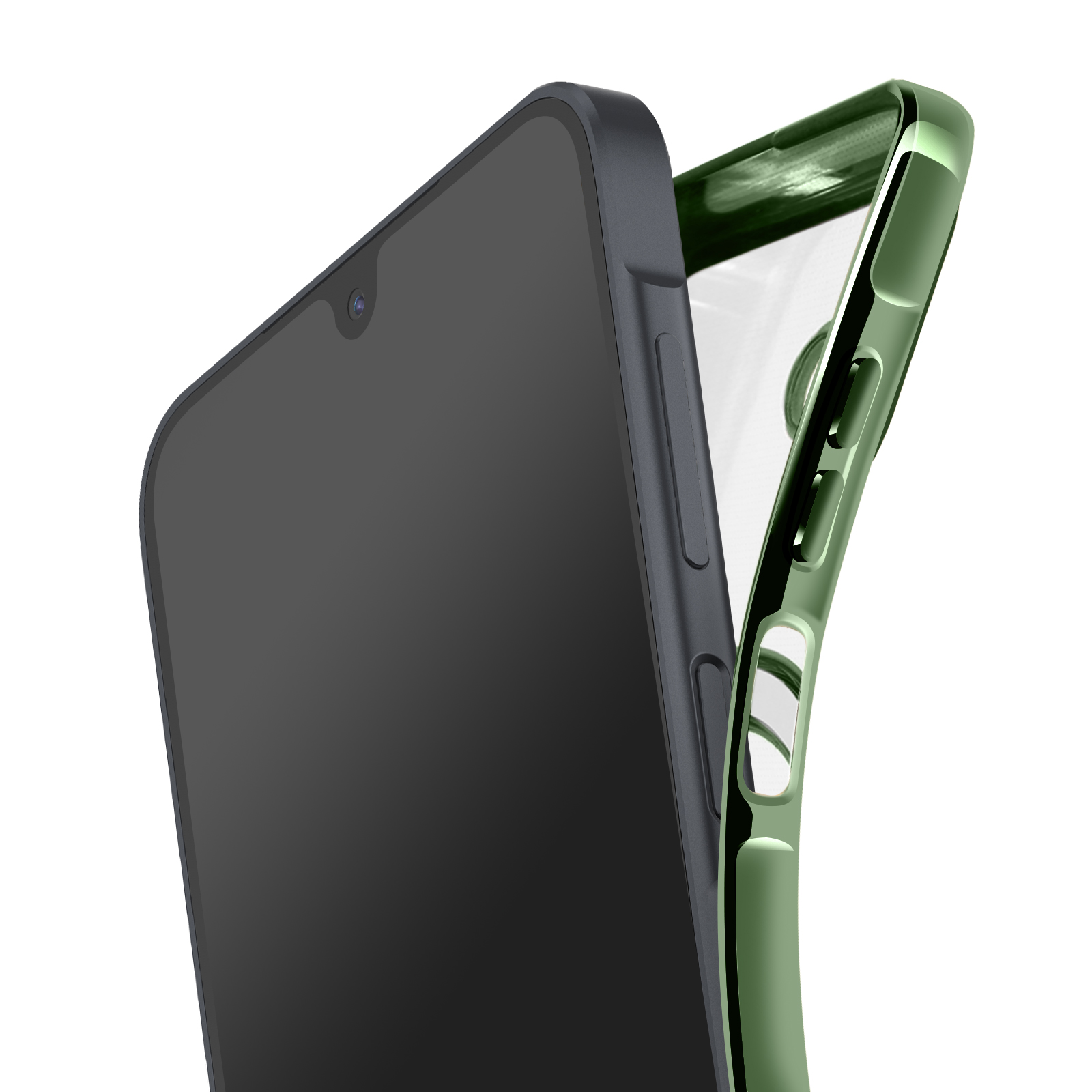 Een smartphone in een groene telefoonhoes, tegen een witte achtergrond. Het scherm van de telefoon is donker. De hoes is open.