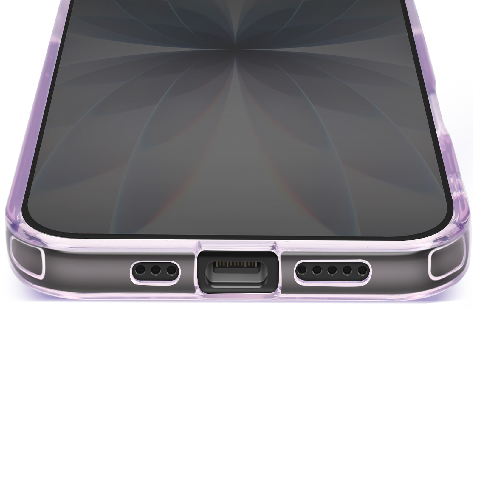 Gros plan d'un téléphone dans une coque transparente violette. L'écran affiche un design flou. Le bas comporte des ports et des haut-parleurs.