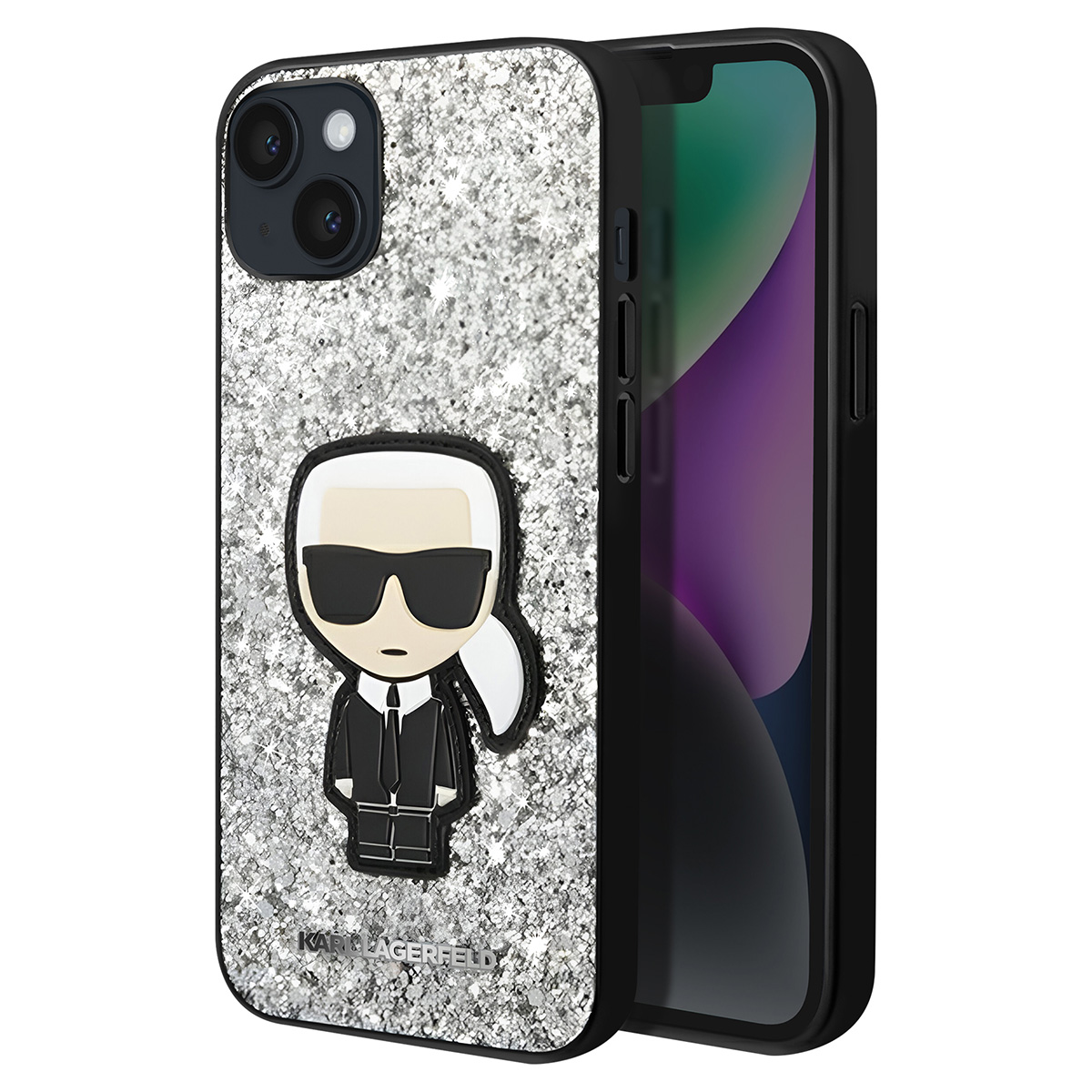 Un iPhone con custodia nera, sfondo glitterato argentato e un personaggio di Karl Lagerfeld.