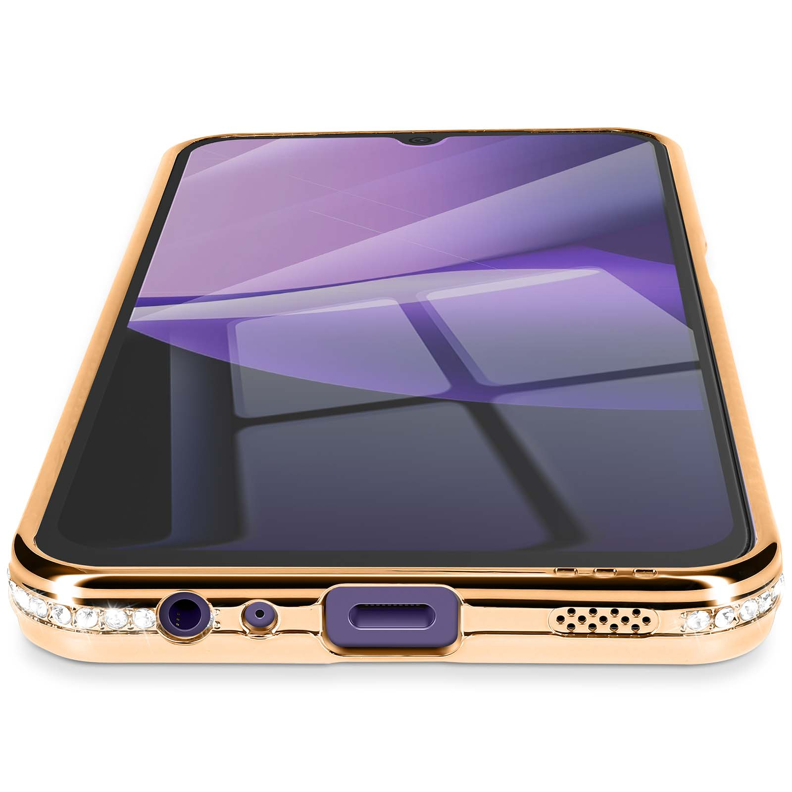 Gouden telefoonhoesje met paars scherm. Strass-steentjes langs de zijkant. Het scherm toont een paars abstract patroon.