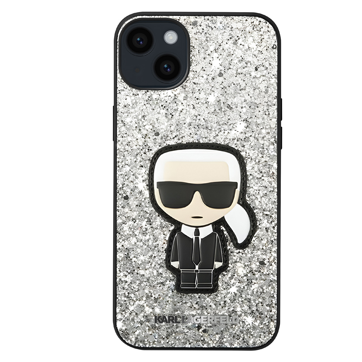 Custodia per telefono con sfondo argentato glitterato e una figura di Karl Lagerfeld al centro. La custodia ha una cornice nera.