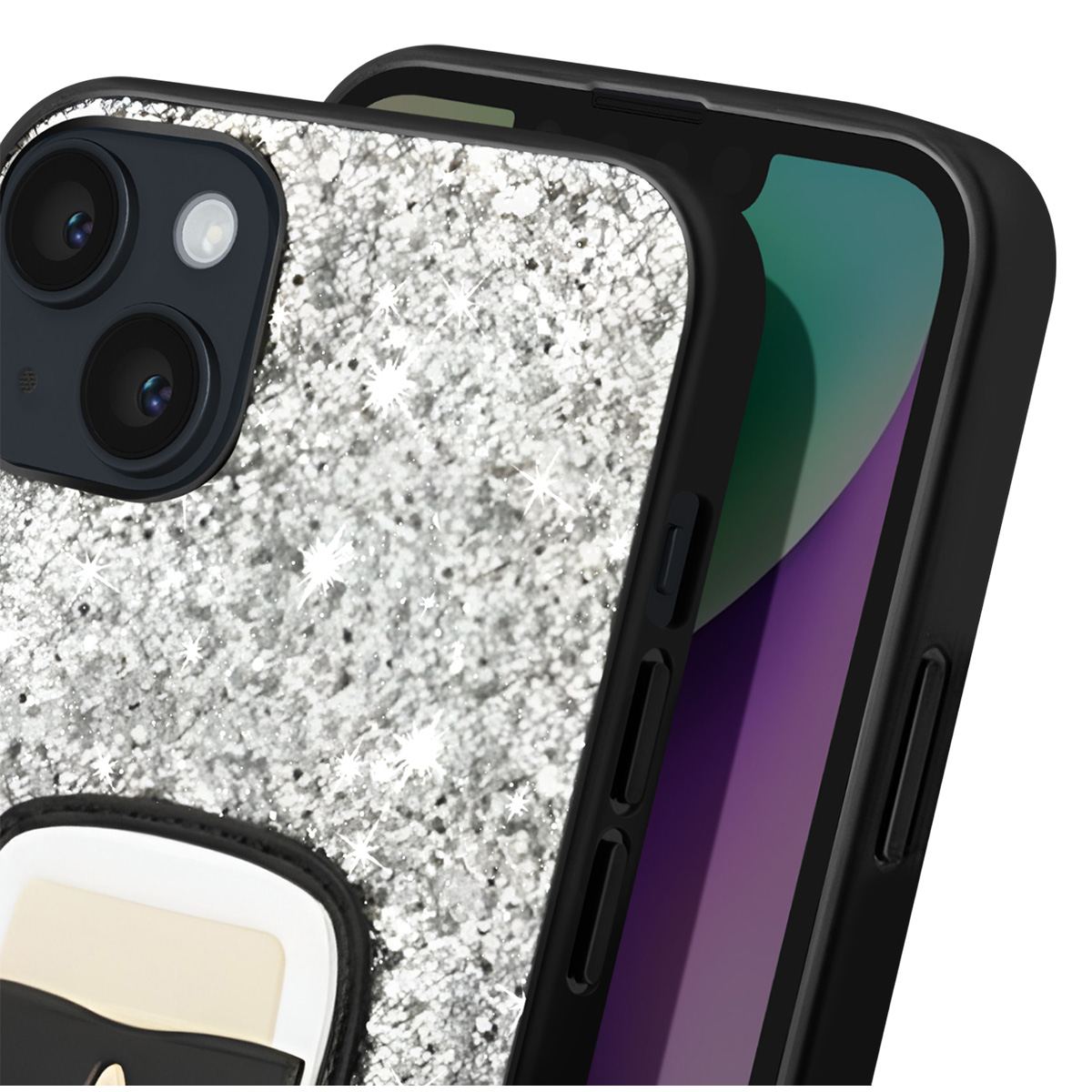 Primo piano di due smartphone con custodie nere. Una custodia ha un design glitterato e una faccia da cartone animato. L'altro telefono è visibile.