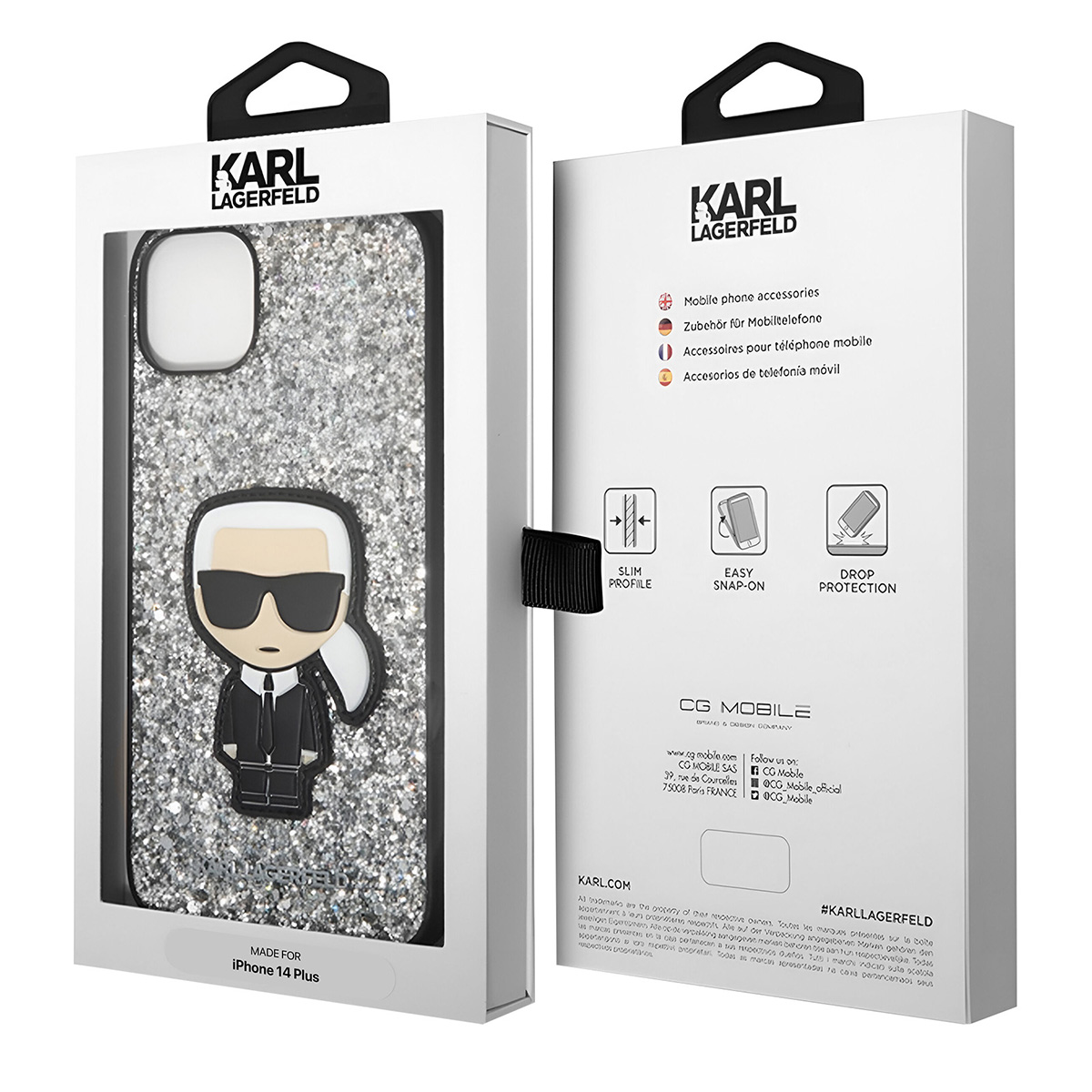 Una custodia per telefono con design Karl Lagerfeld. La custodia è in una scatola. Lo sfondo mostra testo e loghi.