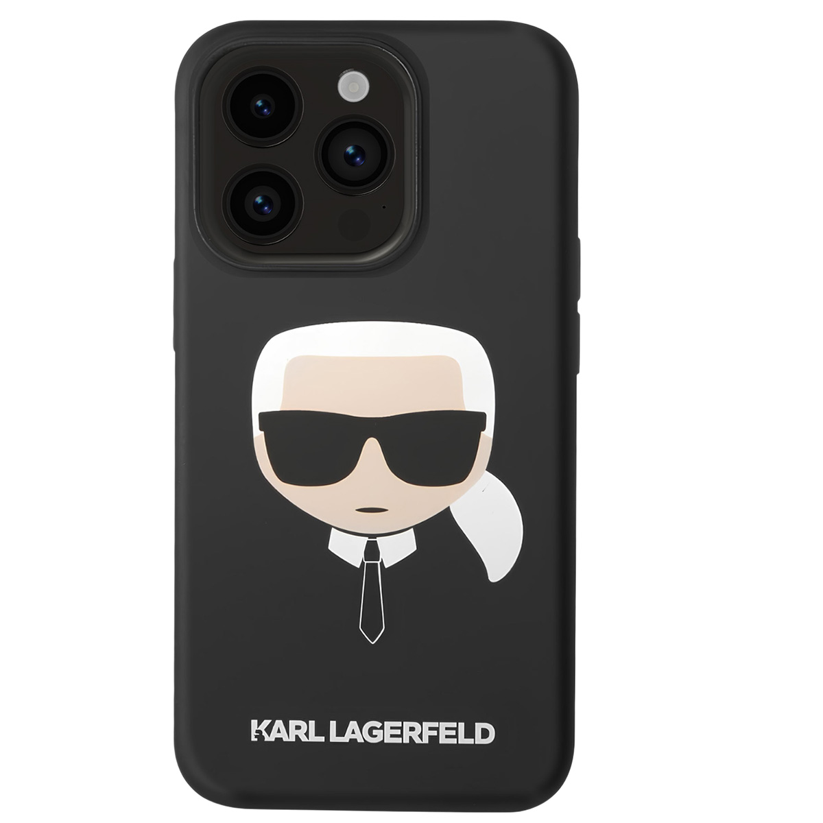 Una custodia per telefono nera con un design di Karl Lagerfeld. Presenta un cartone animato di Karl con occhiali da sole e coda di cavallo bianca.