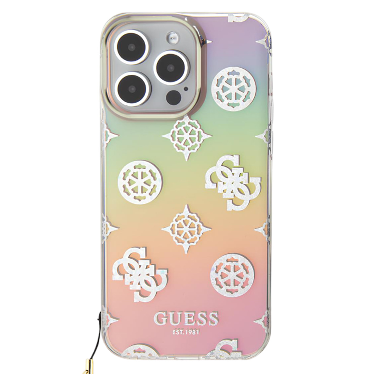 Una custodia per telefono con uno sfondo sfumato rosa, giallo e verde. Ha loghi Guess bianchi e un ritaglio per la fotocamera.