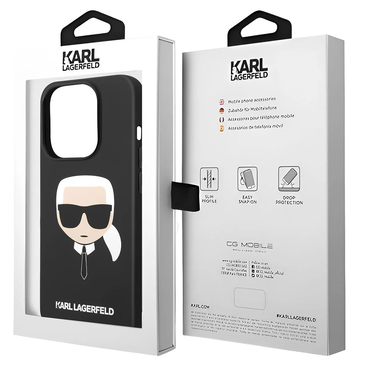 Una scatola di custodia per telefono con una custodia nera raffigurante il volto di Karl Lagerfeld. La scatola è bianca con il nome del marchio.