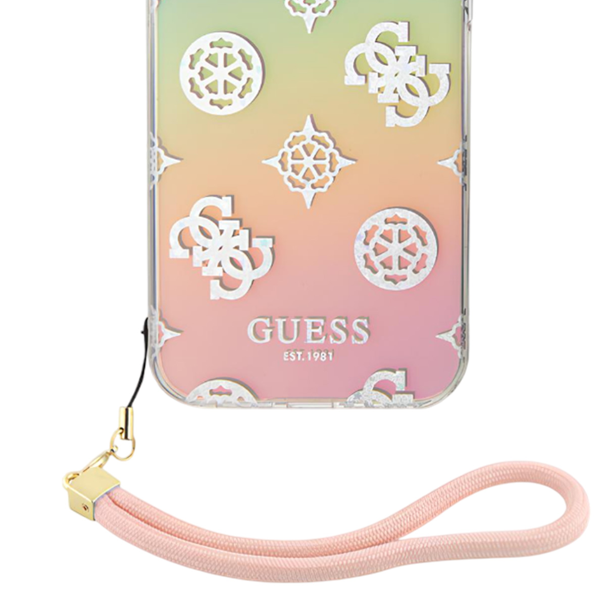 Una custodia per telefono Guess con cinturino rosa. La custodia è trasparente con sfumatura di colori e logo Guess.