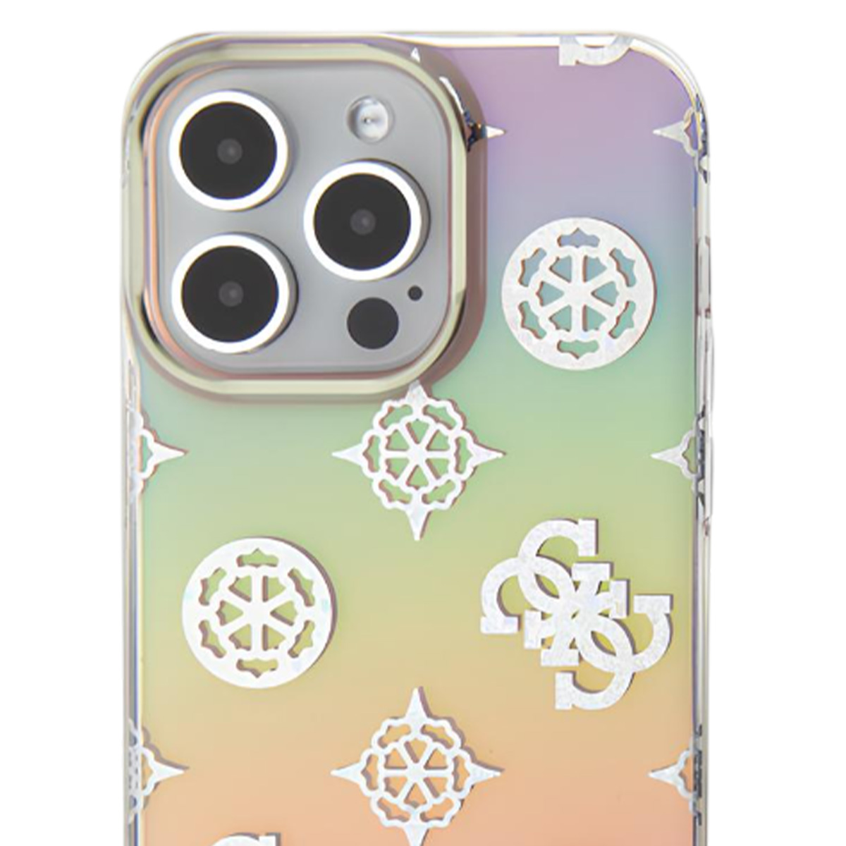 Primo piano di una custodia per telefono con fotocamera e design decorativo. La custodia ha una sfumatura di colori e un motivo ripetuto.