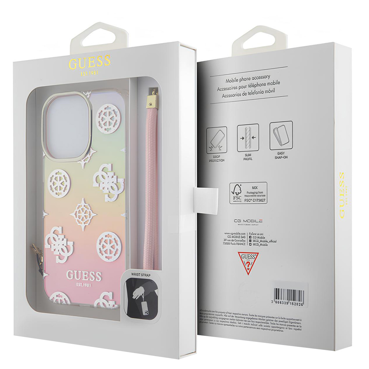 Una custodia per telefono Guess in una scatola. La custodia è rosa e ha il logo Guess. La scatola è bianca con testo.