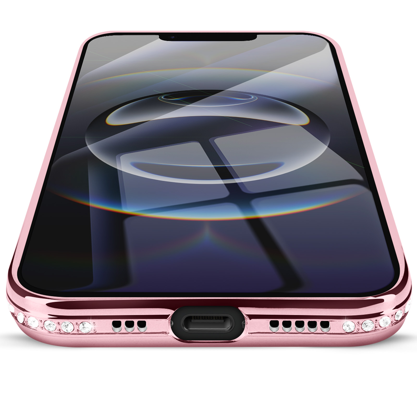 Een roségouden telefoon met een reflecterend scherm wordt getoond. De telefoonhoes heeft kleine edelstenen.