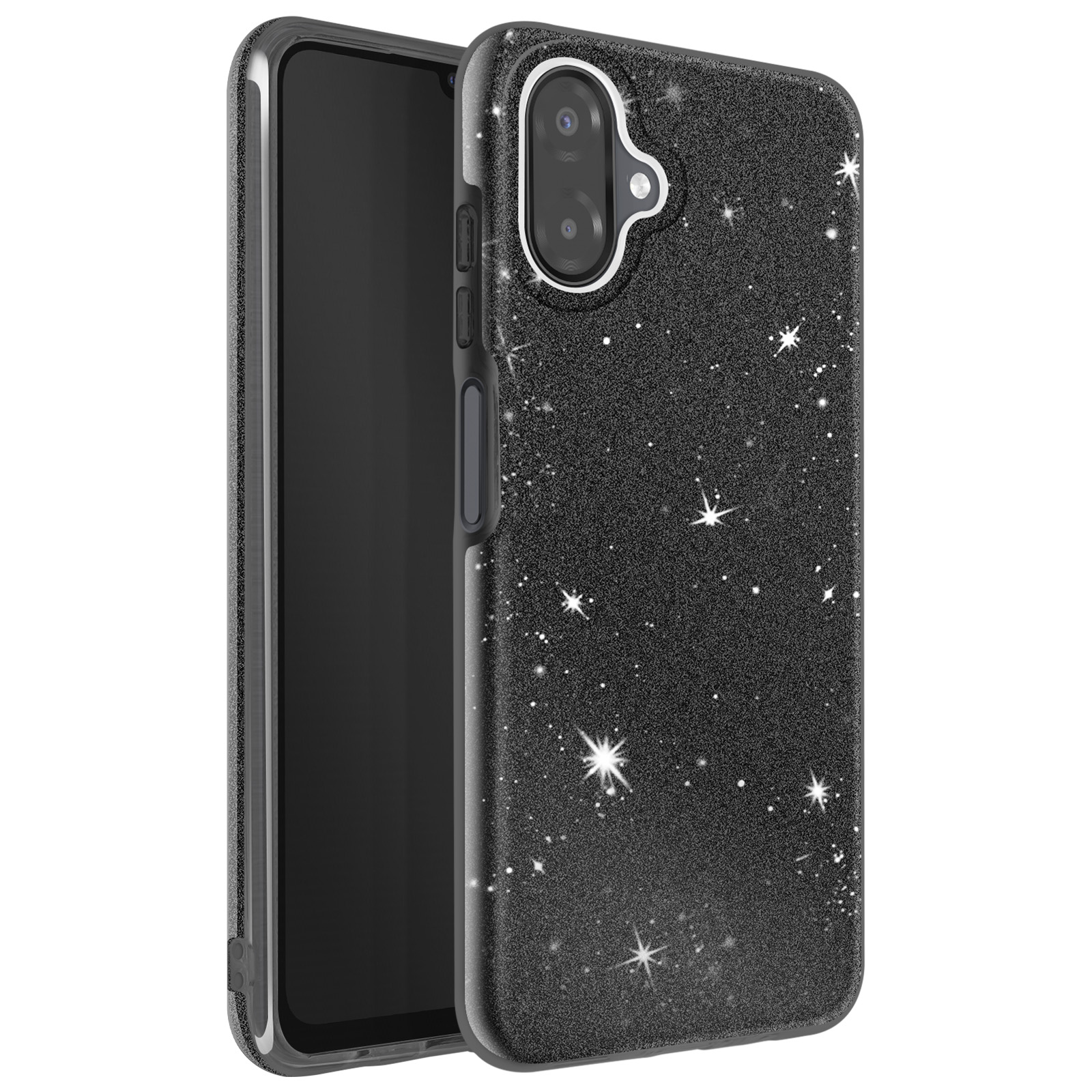 Een telefoon in een zwarte, glinsterende hoes met een sterrenpatroon. De telefoon is zwart en de achtergrond is wit.