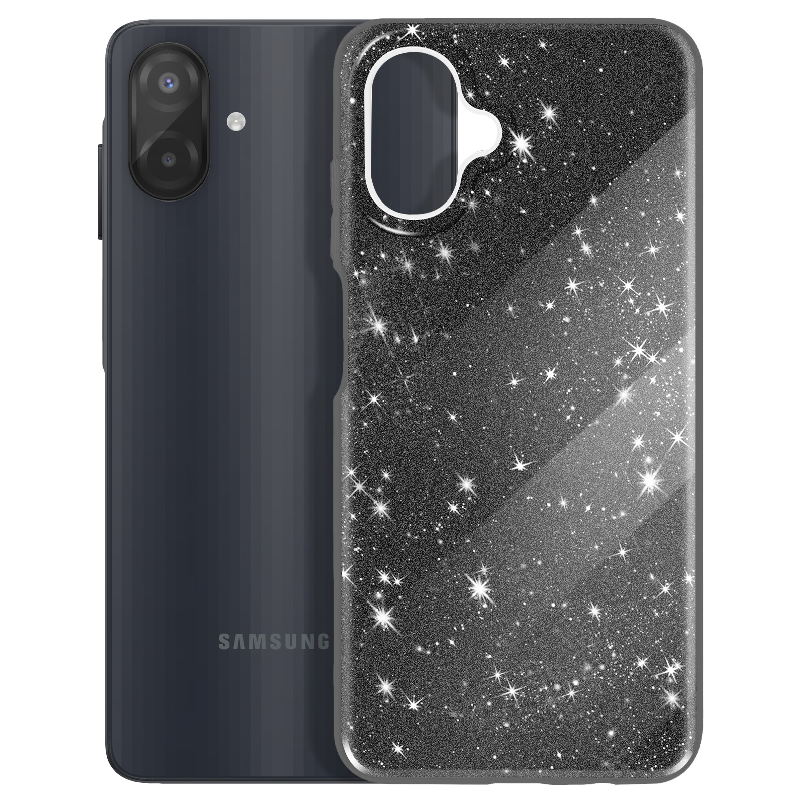 Zwarte Samsung-telefoon met een sprankelende hoes. De hoes heeft een sterrenhemel ontwerp.