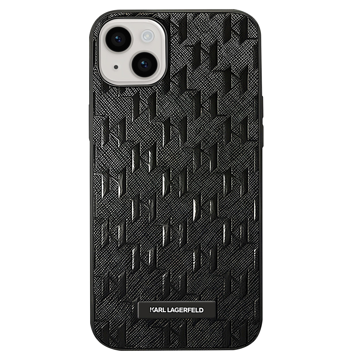 Custodia per iPhone Karl Lagerfeld nera. Motivo con forme a 'K' ripetute. Obiettivi della fotocamera in alto. Marchio in basso.