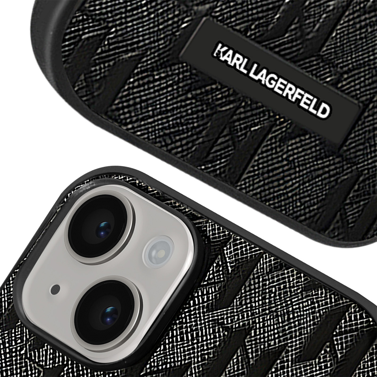 Primo piano di una custodia per telefono. La custodia è nera con un motivo strutturato e un logo Karl Lagerfeld. La fotocamera del telefono è visibile.