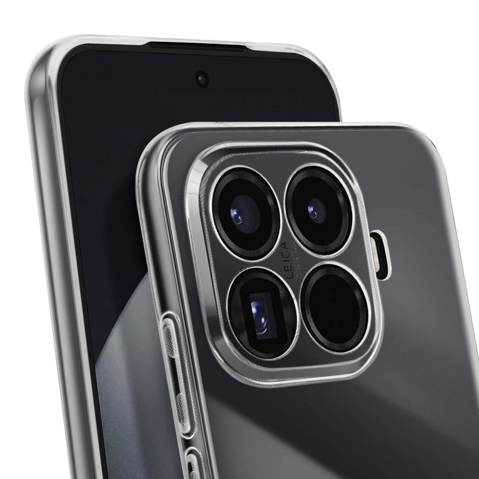 Eine transparente Handyhülle bedeckt ein schwarzes Smartphone. Die Hülle hebt die Kameralinsen mit Leica-Marke hervor.