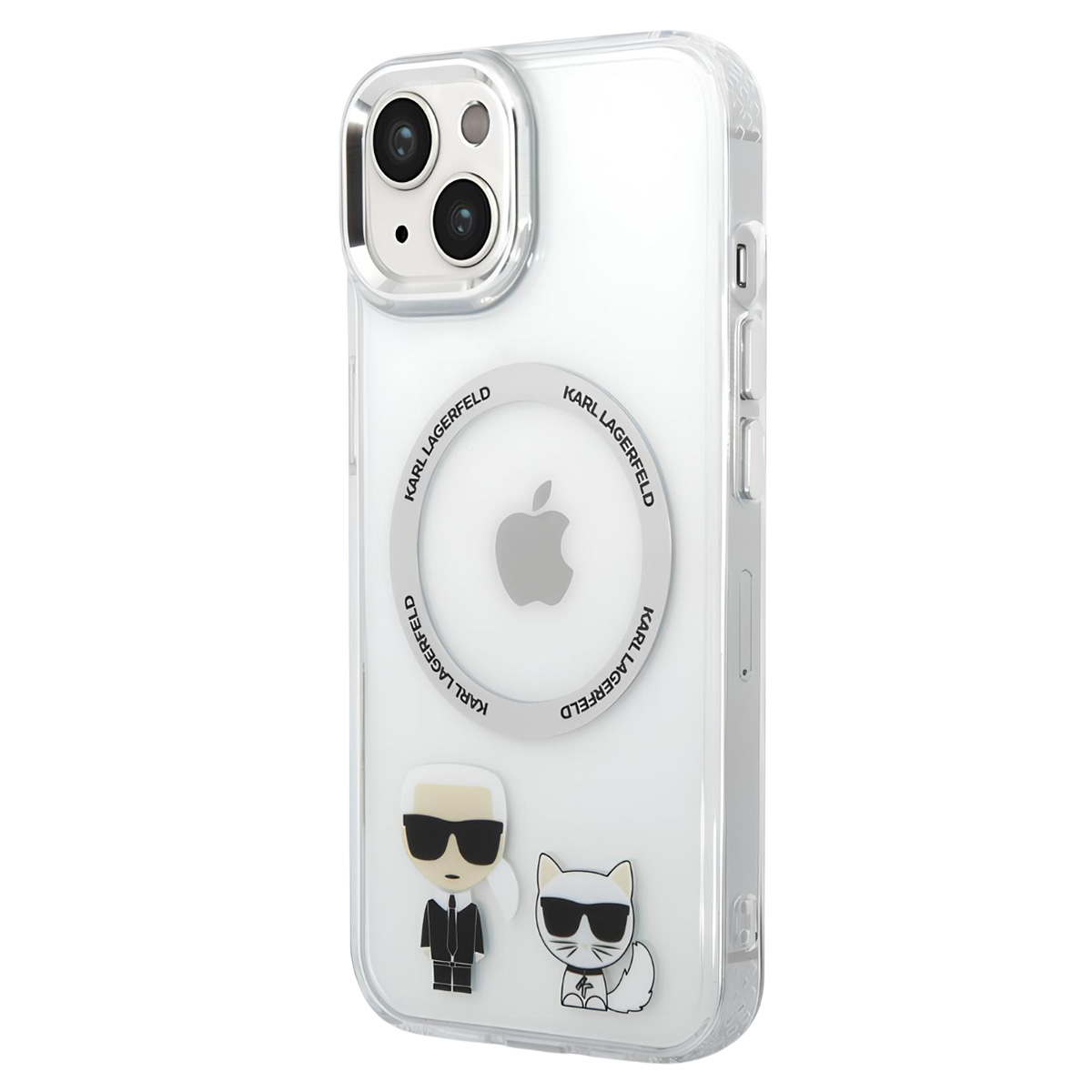Custodia trasparente per telefono con logo Karl Lagerfeld e personaggi dei cartoni animati. Include un logo Apple e un modulo fotocamera. La custodia è trasparente.