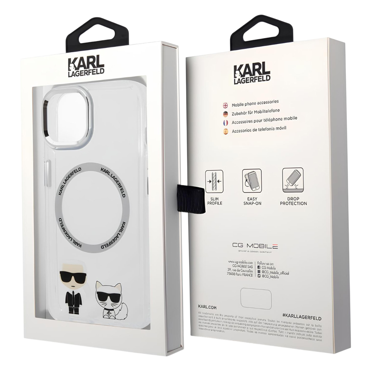 Una custodia per telefono in una scatola con il logo Karl Lagerfeld. La custodia presenta un design di Karl e un gatto.