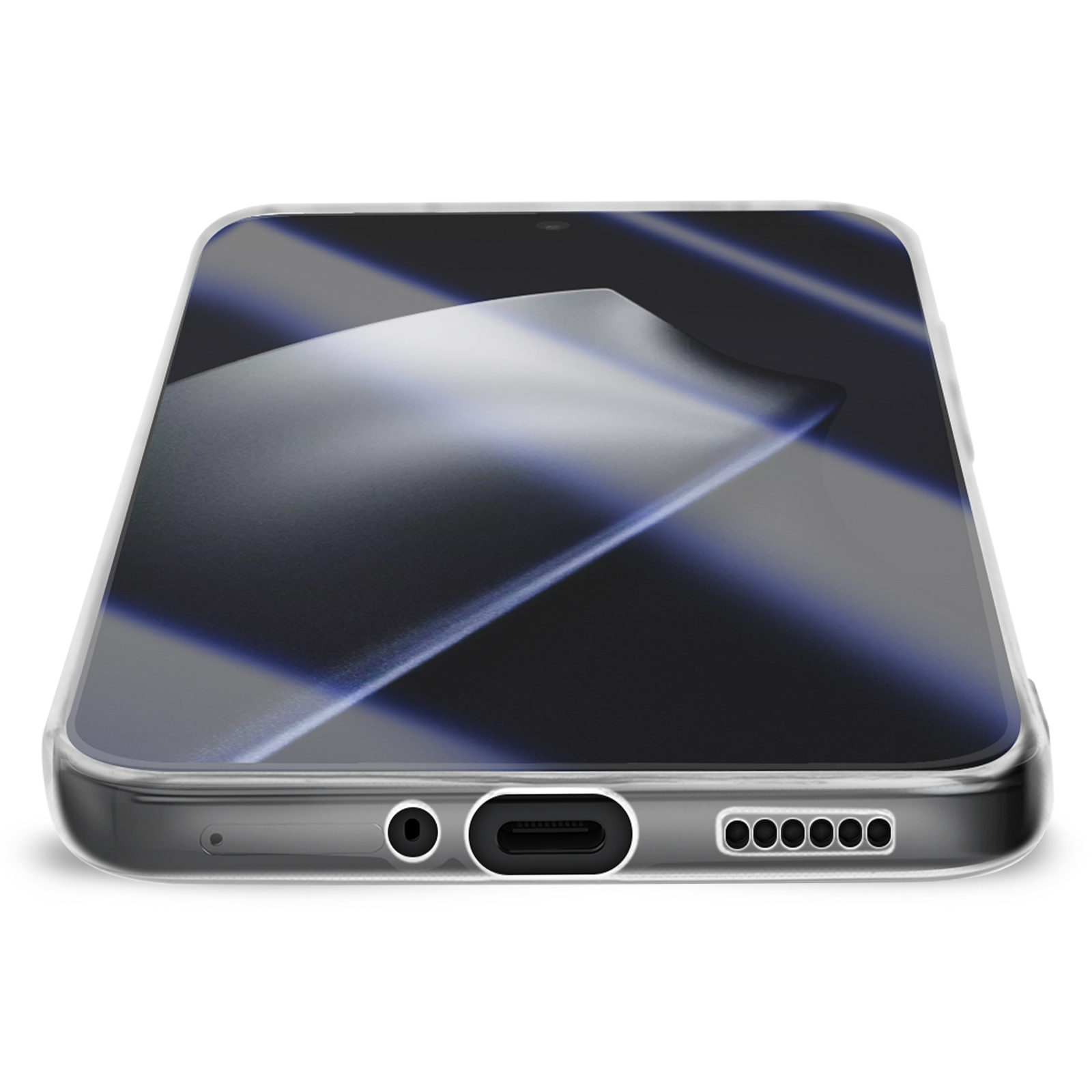 Ein Smartphone in einer transparenten Hülle. Der Bildschirm zeigt eine dunkle, reflektierende Oberfläche mit blauen Akzenten.