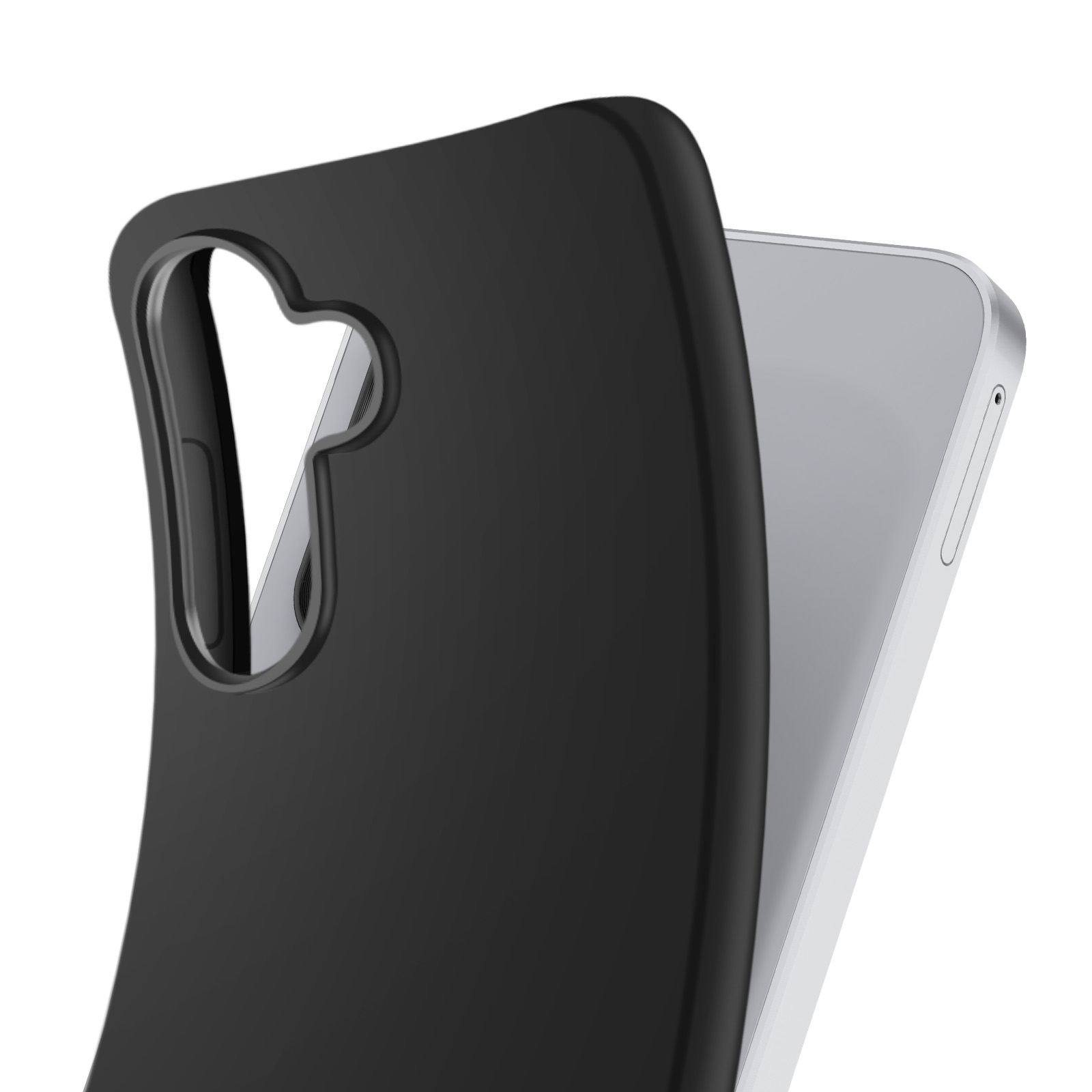 Un étui de téléphone noir recouvre partiellement un téléphone gris. L'étui a des ouvertures pour l'appareil photo et les boutons.