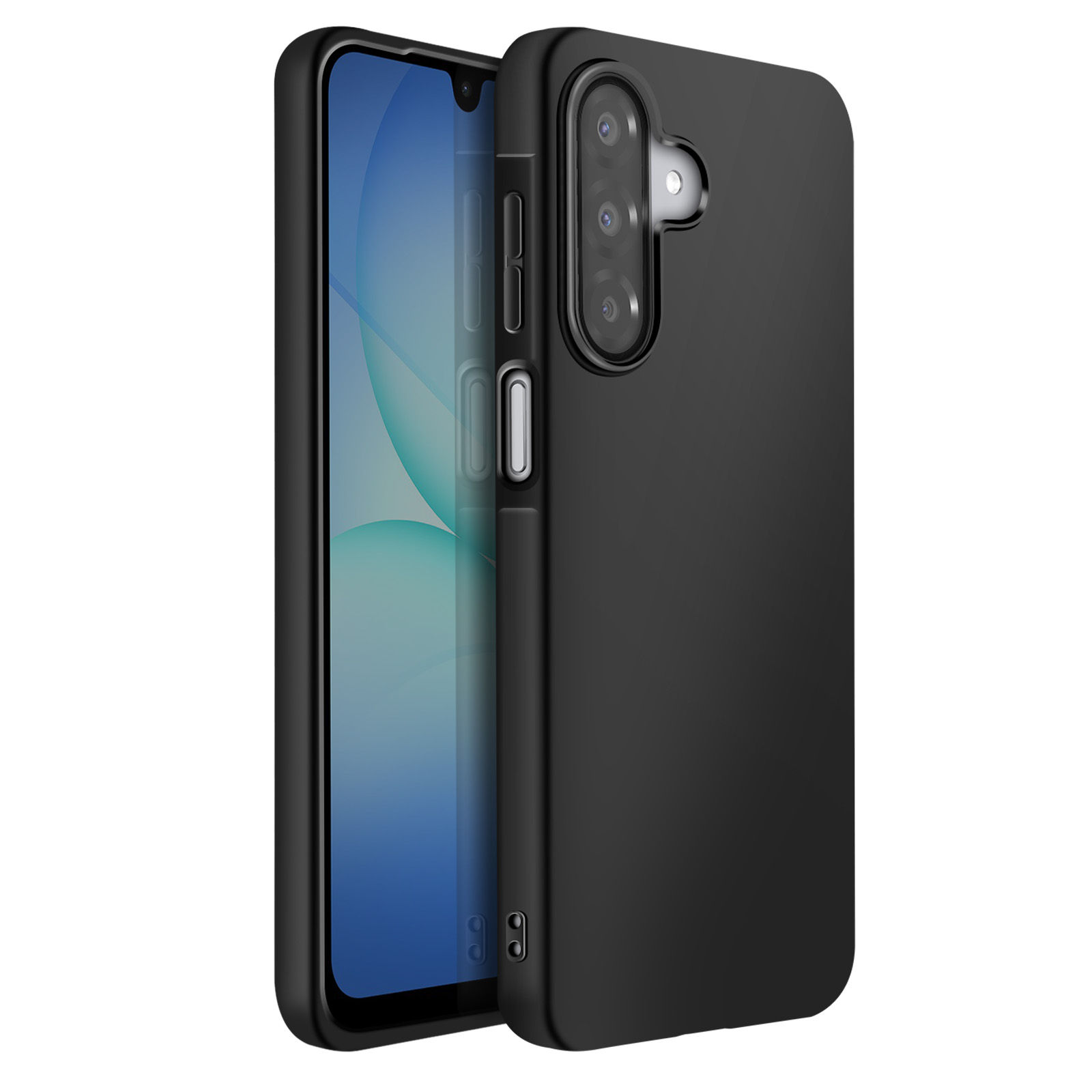 Un étui de téléphone noir avec un téléphone à l'intérieur. L'étui a une découpe pour l'appareil photo et des boutons latéraux. L'écran du téléphone est visible.
