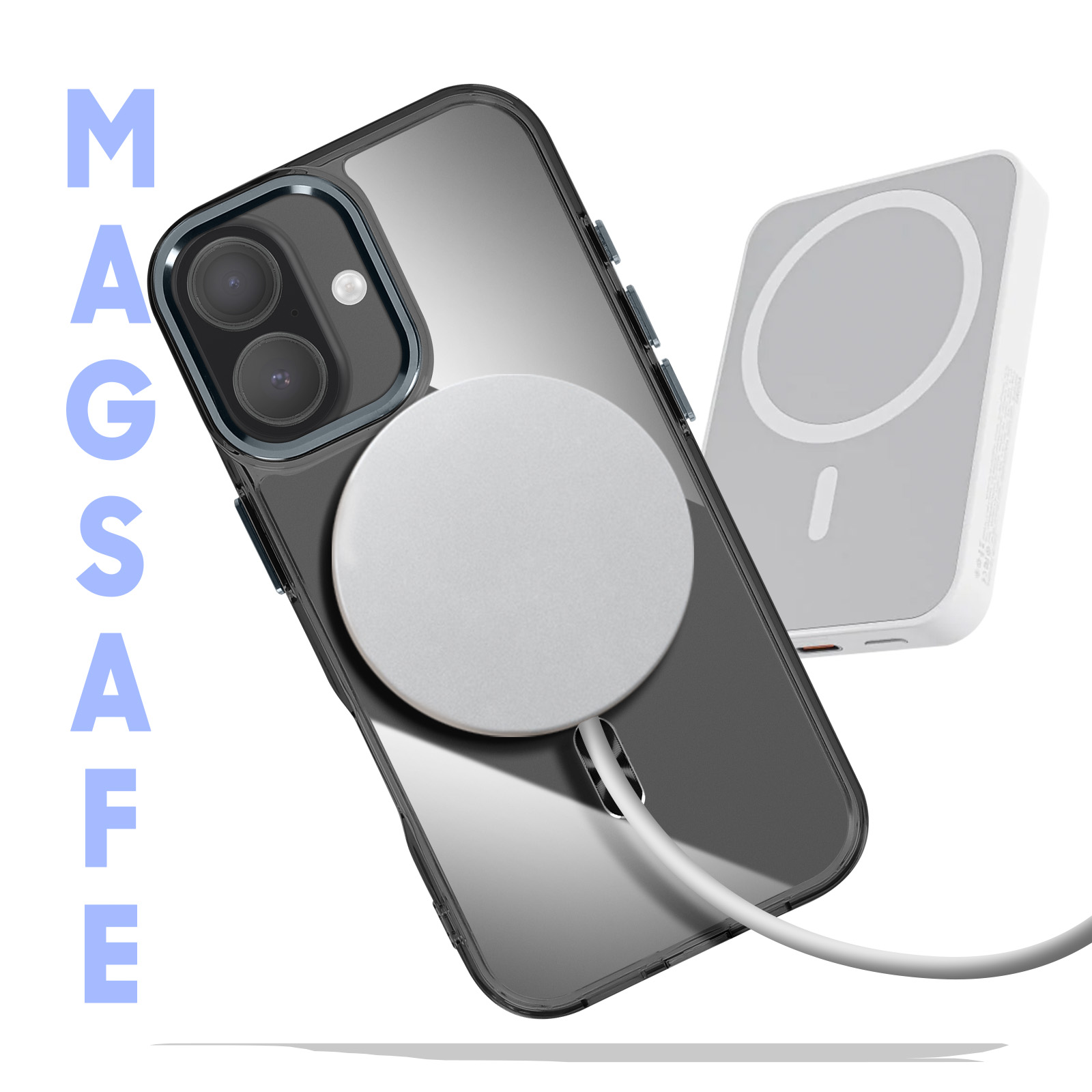 Een iPhone met een MagSafe-oplader bevestigd en een aparte powerbank. De telefoonhoes is transparant.