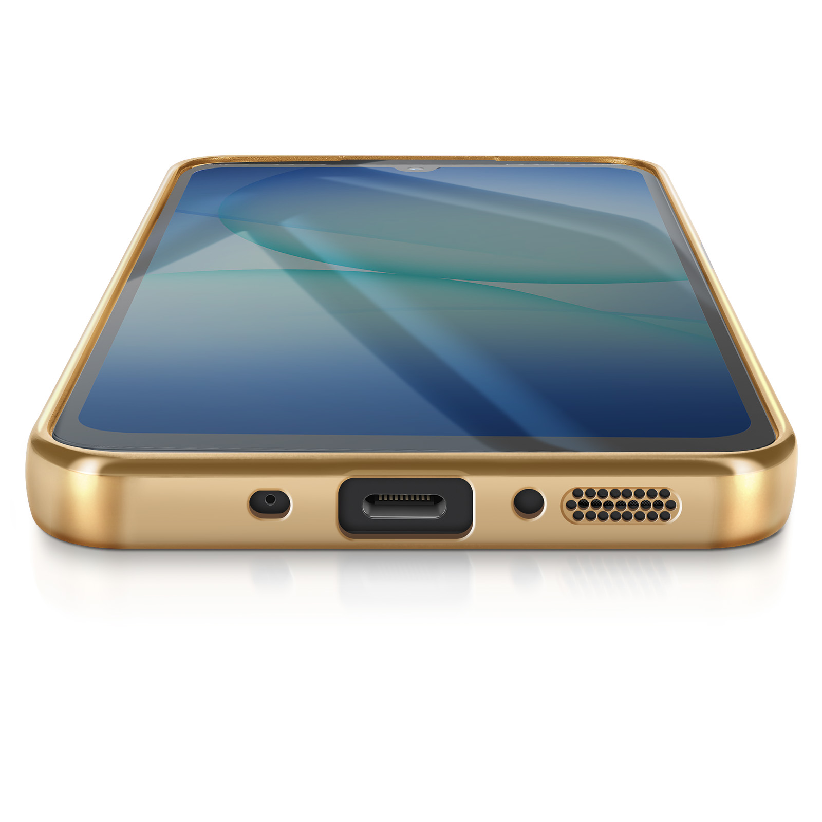 Een gouden smartphone ligt plat. Het scherm toont een blauw en blauwgroen ontwerp. De onderkant heeft poorten en luidsprekergaten.