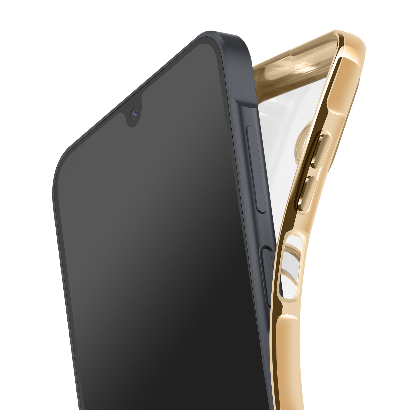 Een smartphone met een gouden telefoonhoesje, de telefoon is zwart, de hoes is goud.