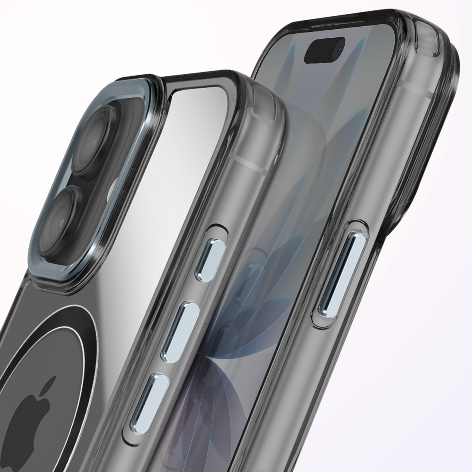 Transparante telefoonhoesjes. Eén hoesje toont het Apple-logo. De andere toont het scherm en de camera's van de telefoon.