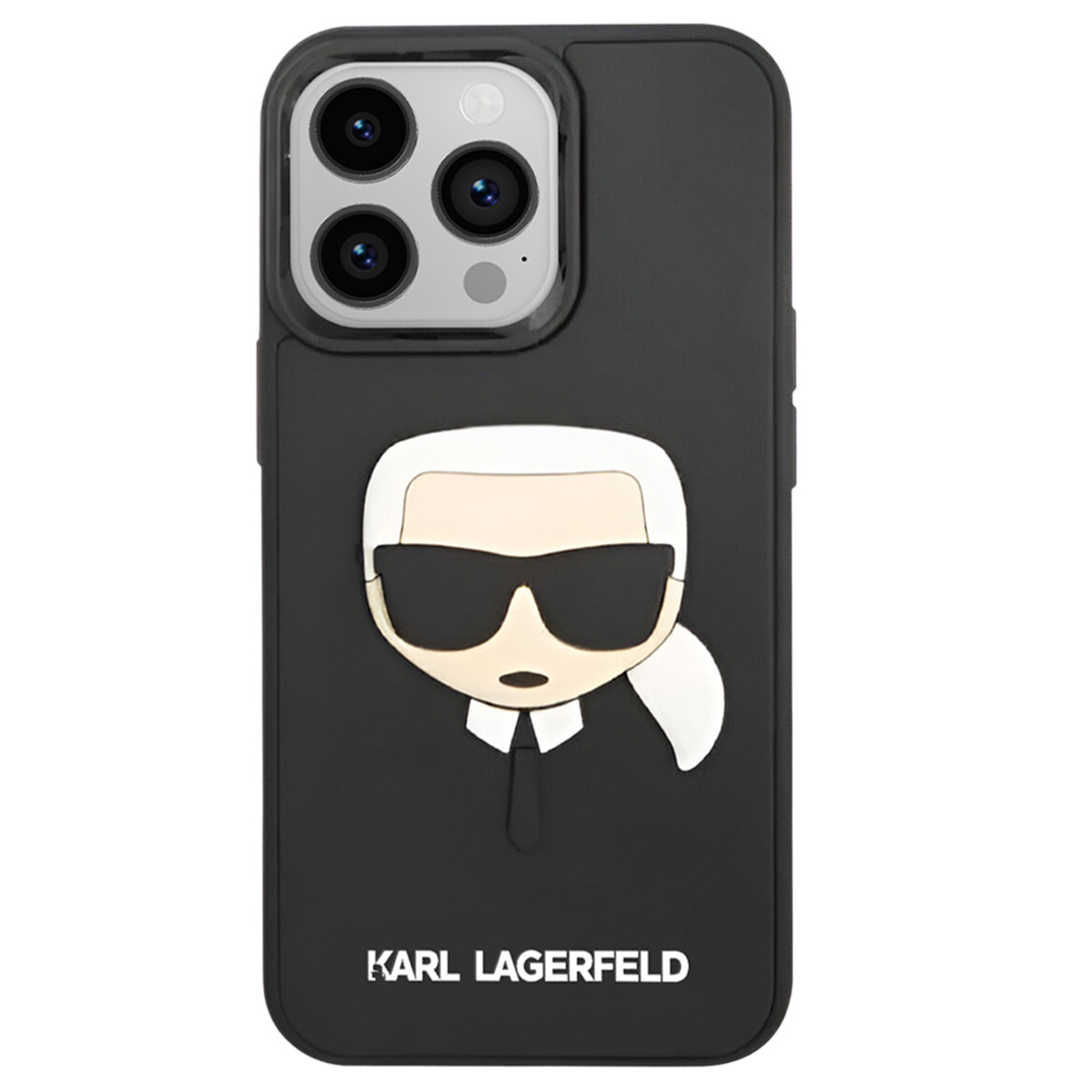 Custodia per telefono nera con design Karl Lagerfeld. Presenta un volto cartoon con occhiali da sole, una coda di cavallo bianca e il nome del marchio.