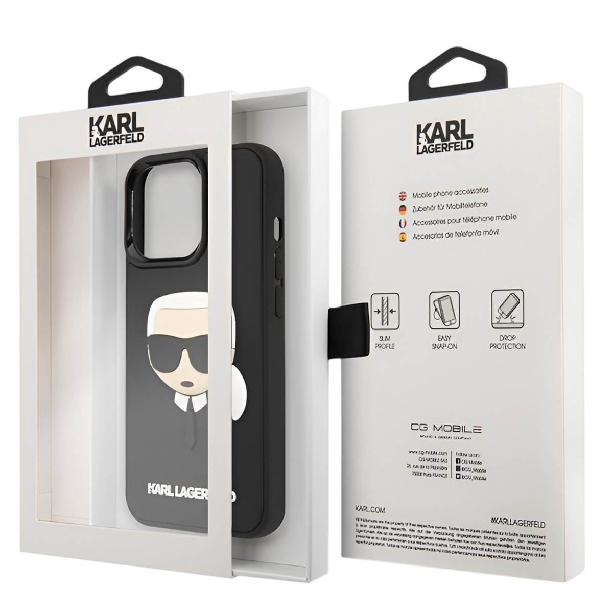Una custodia per telefono Karl Lagerfeld in una scatola. Custodia nera con il volto del designer. La scatola è bianca con il logo del marchio.