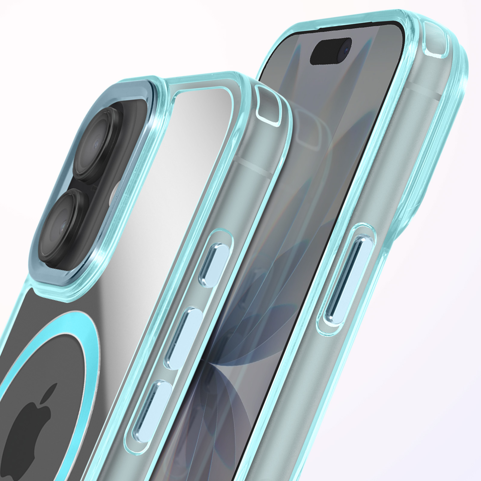 Gros plan de deux smartphones dans des étuis de protection transparents et turquoise. Les téléphones montrent des objectifs d'appareil photo et le logo Apple. Fond blanc.