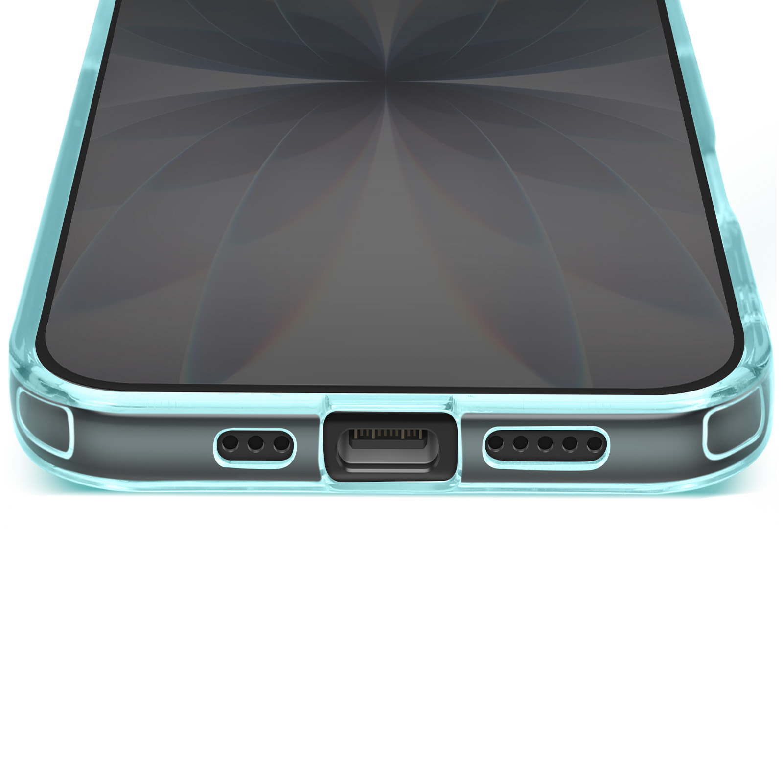 Un téléphone dans un étui sarcelle. L'écran affiche un design sombre et abstrait. Le bas a un port de chargement et des trous de haut-parleur.