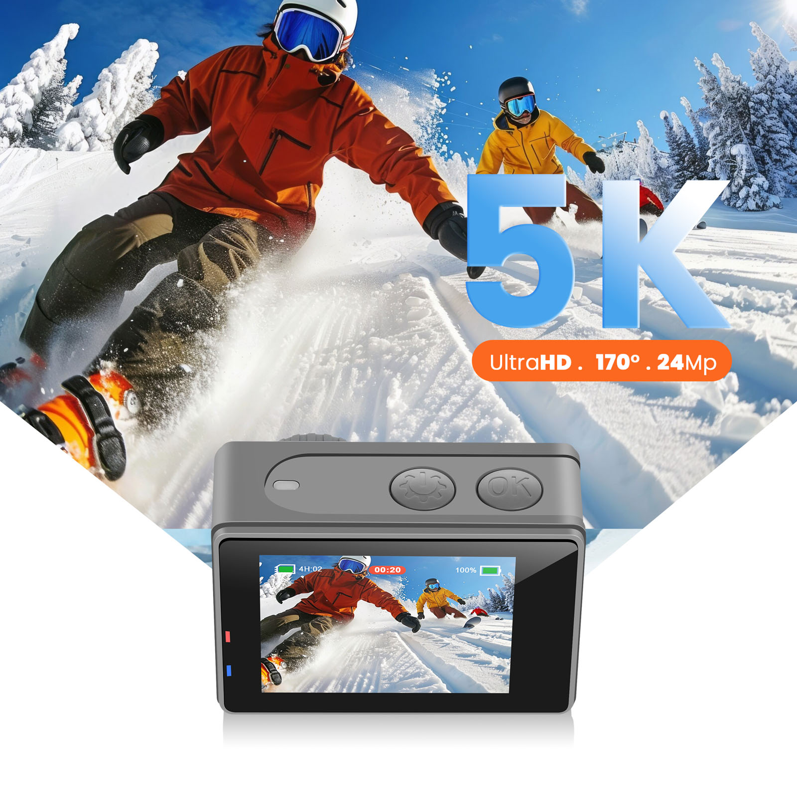Snowboarder auf einem schneebedeckten Berg, mit einer Kamera im Vordergrund, die eine ähnliche Szene zeigt. 5K, UltraHD.