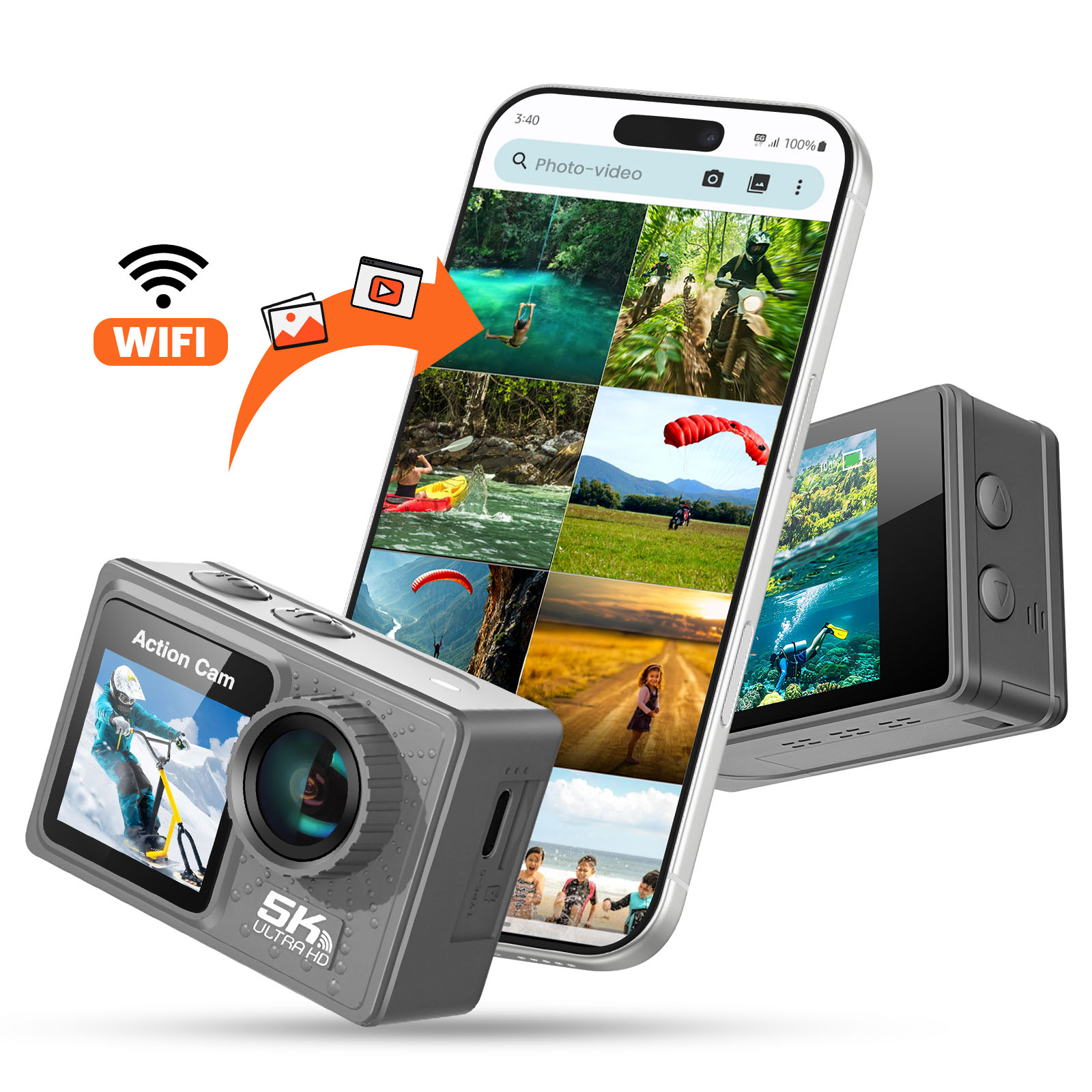 Eine graue Action-Kamera, ein Telefon mit Fotos und Videos und eine zweite Kamera sind abgebildet.