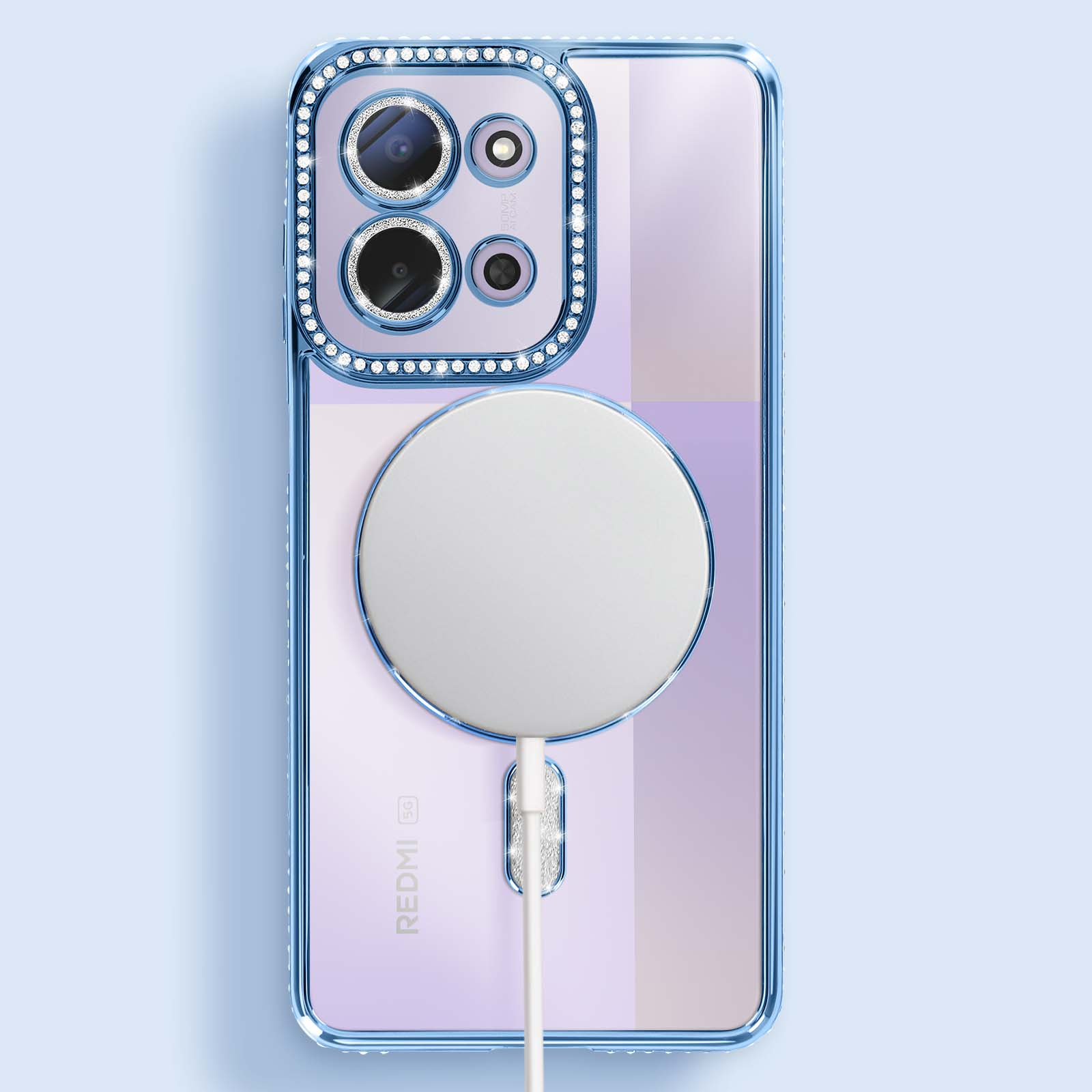 Telefoonhoesje met camera's, oplader en witte cirkel. Het heeft een blauwe rand en een lichtblauwe achtergrond.