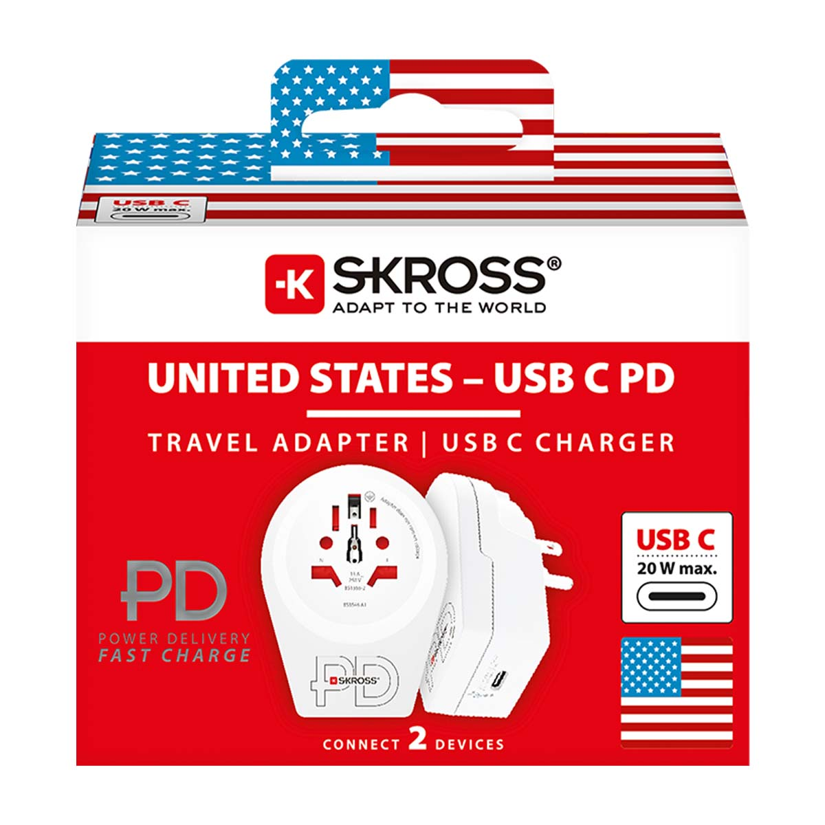 Una caja de adaptador de viaje con la bandera de EE. UU., etiquetada como 'United States - USB C PD'. Es un cargador USB C, conecta 2 dispositivos.