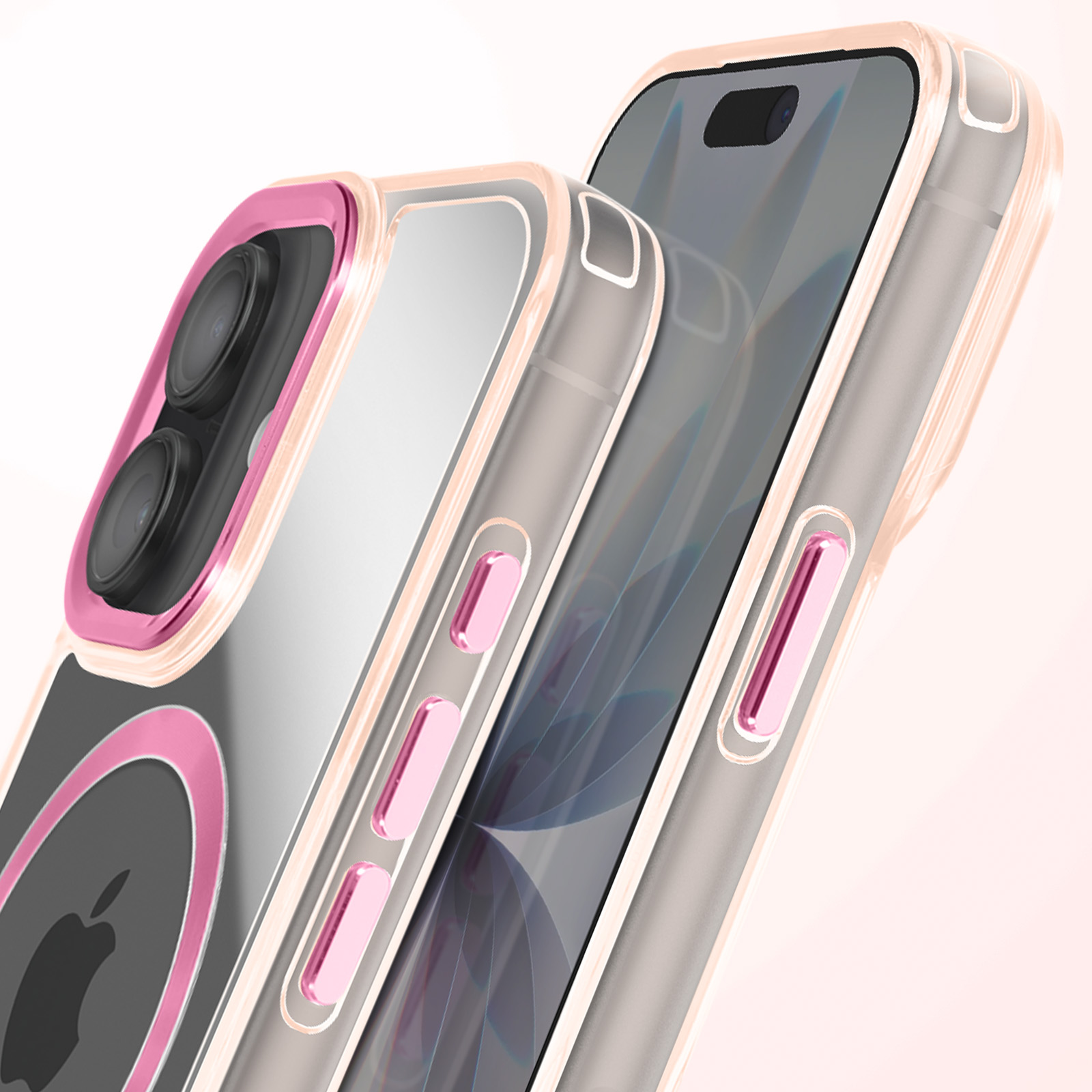 Twee smartphones met transparante hoesjes. De hoesjes hebben roze accenten. De achtergrond is een lichtroze verloop.