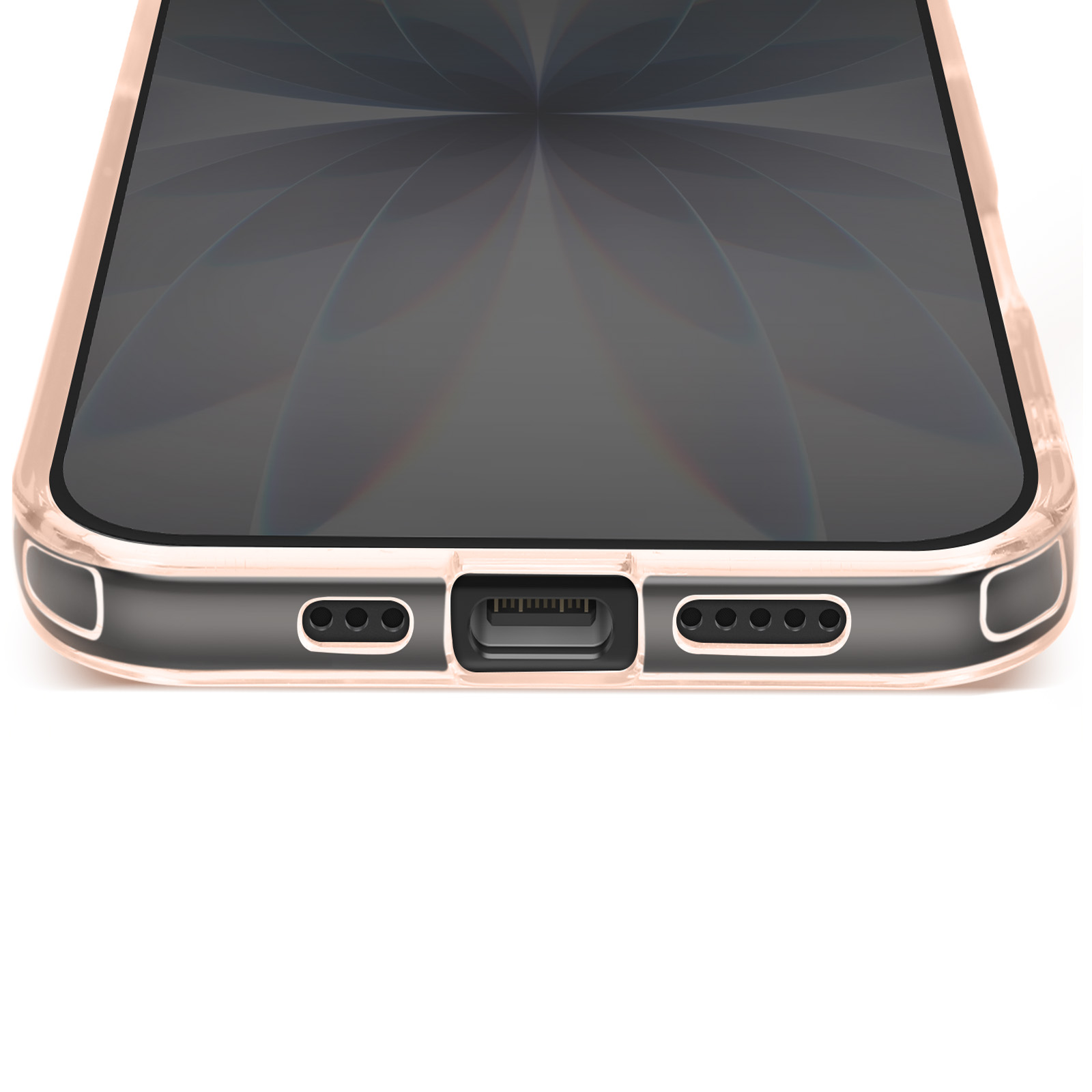 Close-up van een telefoon die de onderrand toont. Het heeft een roségouden hoes en een zwart scherm. Witte achtergrond.