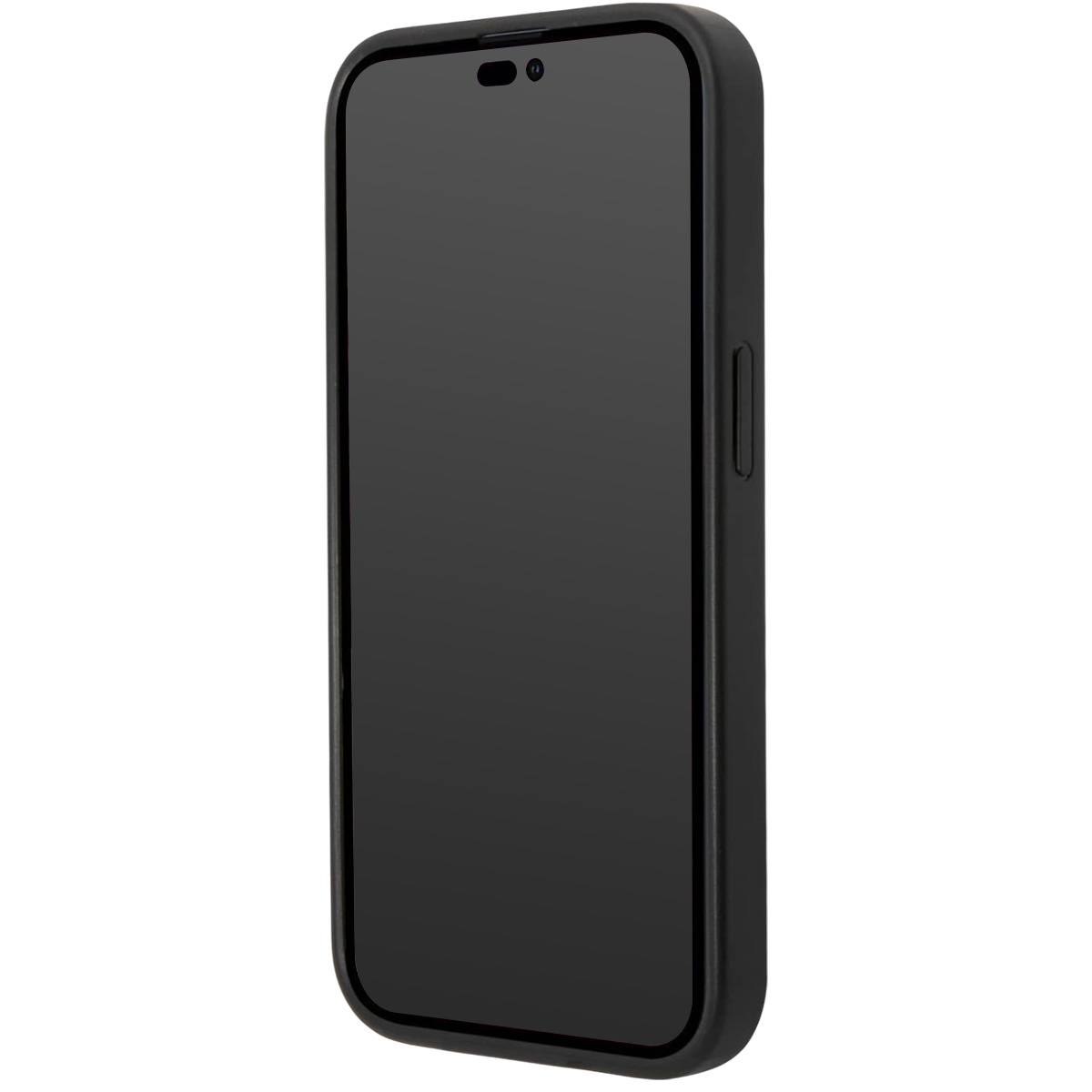 Uno smartphone nero in una custodia nera. Lo schermo è scuro, con una fotocamera frontale visibile. Il telefono è su sfondo bianco.