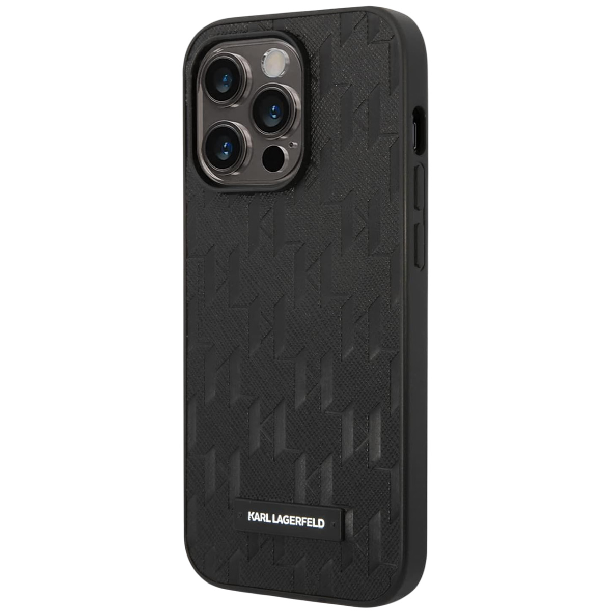 Custodia per telefono nera Karl Lagerfeld. Ha un design strutturato e lenti della fotocamera. Il marchio è visibile in basso.