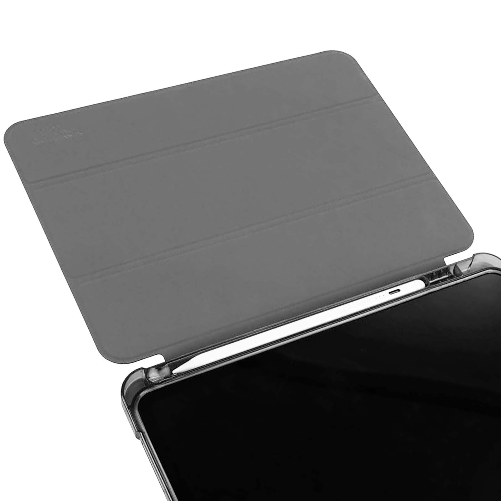 Un iPad in una custodia grigia con coperchio parzialmente aperto. Una penna bianca è a lato.
